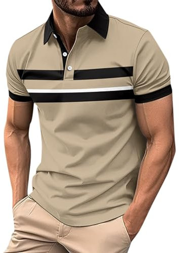 Man’s Fashion Polo Shirts Short Sleeves Collared T-Shirts Color Block Sports Golf Polos Gym T Shirts Men Mens Christmas t Shirts UK Mens Running top with Zip Pocket Basic (Khaki, M)