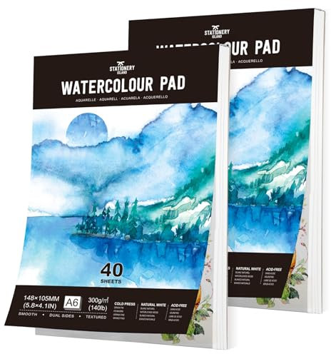 Stationery Island Aquarellpapier A6 300g, 40 Blatt Aquarellblock A6, Aquarell Papier für Wasserfarben 2 pack, Aquarellpapier Postkarten, Watercolor Paper für Studenten,Anfänger, Skizzenbuch Aquarell