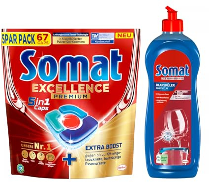SOMAT 5in1 Caps 67 AW Excellence Premium, schnellauflösende Spülmaschinentabs mit Extra Boost, entfernen eingetrocknete, hartnäckige Essensreste + Somat Duo Power Experten Klarspüler 750ml