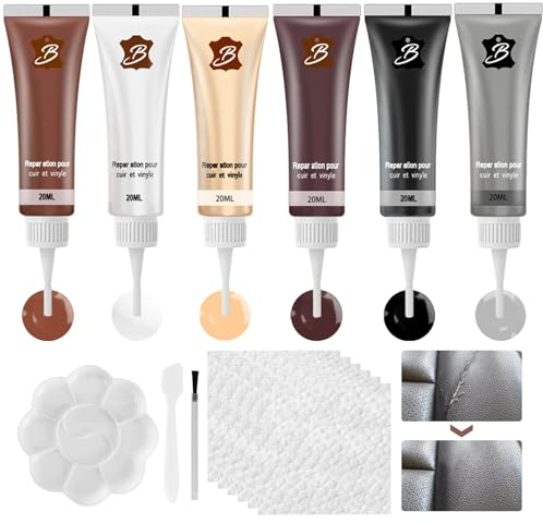 Lederreparatur Creme, 6 Farben Leder Reparatur Set, Kunstleder Reparaturset, Leder Restaurator, Mischbare Lederreparatursets, Reparatur Set für Autositze,Sofas,Schuhe,Gürtel Kratzer,Löcher (Schwarz)
