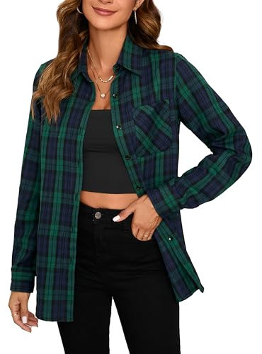 Stamain Chemise Carreaux Flanelle Femme Bucheron Western Chemise Retro Casual Blouse Manches Longues Boutonnée Bleu/Vert 2XL