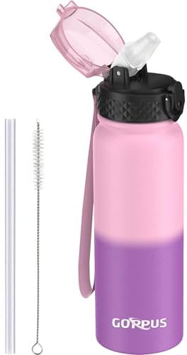GOPPUS Botella de Agua de Acero Inoxidable de 600ml/20oz con Pajita, Botella Deportiva Aislada de Metal Abatibles de Doble pared, Termo Frío a Prueba de Fugas para Deportes de Gimnasio