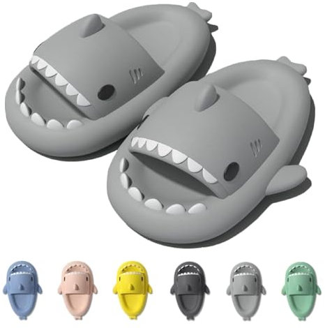 IDEINER Hai Hausschuhe für Damen Herren Cloud Shark Slides Slippers Weich Rutschfest Badeschuhe Sommer Süß Haifisch Strand Sandalen Open Toe Niedliche Fisch Pantoletten Unisex Grau Gr. EU 46/47
