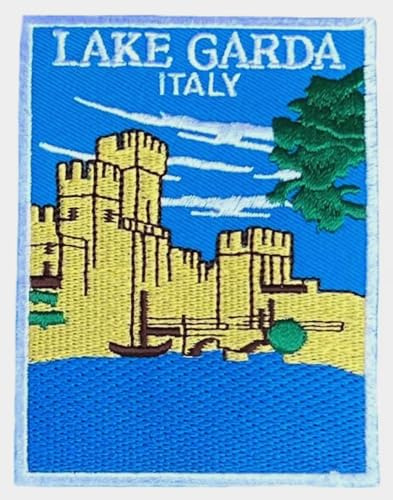 Generic Aufnäher zum Aufbügeln oder Aufnähen, Motiv: Gardasee, Italien, 8,9 cm, für Reisen, Europa, Souvenir, Sirmione, Rocca, Scaligera, Emblem, Gepäck, Rucksack, Geschenk, groß