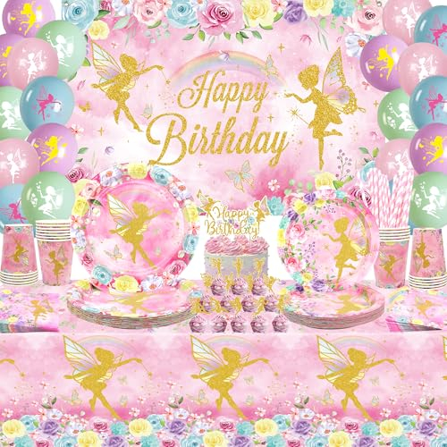 Fairy Birthday Party Decoration, Fairy Party Supplies, Plates Cups Napkins Tablecloth Happy Birthday Backdrop Balloons Cake Toppers for Fairy Flower Girls Butterfly Birthday Party Favors