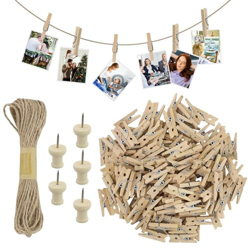 150PCS Mini Wooden Pegs, Photo String and Pegs, 2.5cm Natural Small Photo Pegs,Small Pegs for Hanging Photos,Wooden Pegs Craft with 10M Jute String for Photo Wall Display,Craft,Weddings & Party
