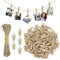 Mini-Holzklammern, Fotoschnur und Wäscheklammern, 2,5 cm, natürlich, kleine Wäscheklammern zum Aufhängen von Fotos, Holzklammern mit 10 m Juteschnur für Fotowand, Basteln, Hochzeiten und Partys, 150