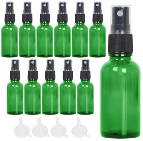 AstraLoom 12 Stück Grünglas Sprühflasche 30ml mit 4 Trichtern - UV-beständige Leerflaschen für ätherische Öle & Parfüm, feiner Nebel, nachfüllbar
