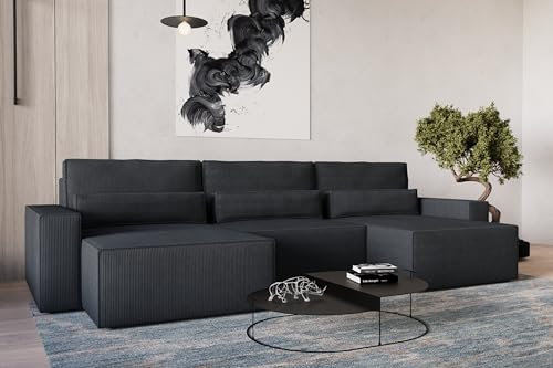 Ecksofa DENVER MINI U – aus Cord Couch für Wohnzimmer Schlafsofa Sofagarnitur Sofa U-Form Cordstoff Eckcouch Wohnlandschaft Polsterecke mit Schlaffunktion und Bettkasten (Schwarz - Poso 135)