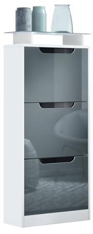 Vladon Schuhschrank Space V2, Schuhkipper für 12 Paar Schuhe mit 3 Klappen und Glasablage, Weiß matt/Grau Hochglanz (46 x 128 x 23 cm)
