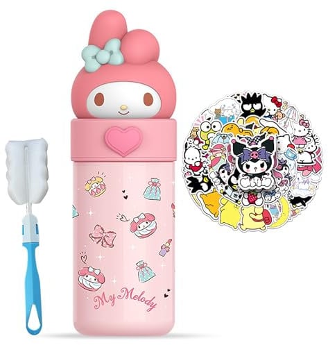 Roffatide Cartoon Water Bottle Women's Thermos Cup Vacuum Insulated Stainless Steel Water Bottle Cute Girl's Gifts Keeps Beverages Hot or Cold(1 Brushes+51 Stickers)