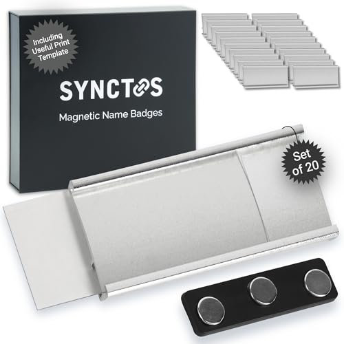 Synctos Namensschild Magnetisch - 20 Stück - Starke 3-Magnet Ausführung - Perfekt für Messen & Konferenzen - Hochwertig Aluminium Namensschilder für Kleidung - Inkl. Handlicher Druckvorlage - 72x31mm