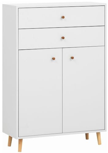 Lomadox Highboard in weiß matt 2 Schubladen 2 Türen Badschrank Flurschrank Kommode Griffe in Eiche massiv