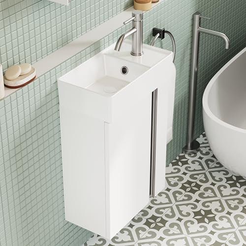 BRIDGE BENO Mobile Lavabo 40 cm in ceramica - Set compatto con lavabo per piccoli bagni e camera degli ospiti, mobile galleggiante da parete con porta (bianco opaco)