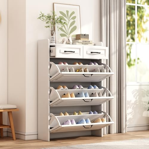 Schuhkommode mit drehbarem Schuhschrank, bestehend aus drei großen Klappen und zwei Schubladen, Holzschuhschrank, Schuhregal, Geeignet für Eingangsbereiche und Wohnzimmer - Maße: B80/T23.5/H131 cm