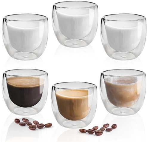 KXVXXV 6 * 80ml Bicchierini Caffe Vetro Doppia Parete, Set Tazzine Caffe Particolari Tazze per Cappuccino Vetro Borosilicato per tè, Cappuccino, Latte, caffè, Trasparente