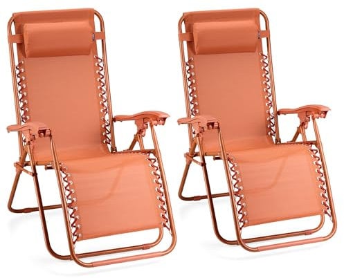 VonHaus Zero Gravity Chairs Set of 2 - Reclining Sun Loungers for Garden - Textilene Folding Sunloungers with Detachable Headrest - Fold Away 2 Set Deck Chairs for Outdoor, Patio (Rust Orange)