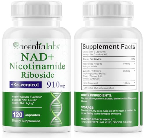 Nad Resveratrol, NAD Nicotinamide Riboside 900mg 120 Cápsulas, Fórmula de Alta Absorción, NAD Suplemento Eficaz para Antienvejecimiento, Músculo, Regeneración Celular, Energía, Enfoque, Natural Seguro