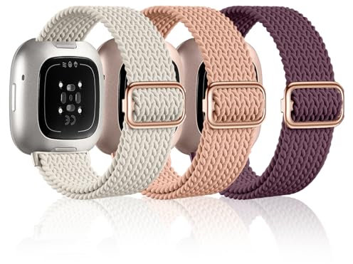 OFFCUP 3 Stück Elastisch Nylon Armband Kompatibel mit Fitbit Versa 3/ Versa 4/ Fitbit Sense/Sense 2 Weiches Band Uhrenarmband Sports Watch Armbänder für Damen Herren Nylon Band Ersatzband