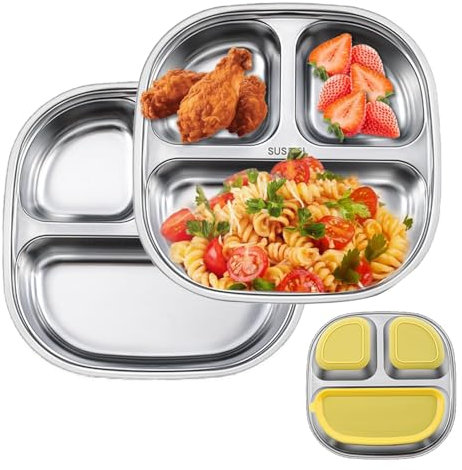 Roinaid 2 Stück Edelstahl Teller Baby Rutschfestes Kindergeschirr Teller Kinder, Edelstahl Teller Baby Saugnapf,Kindergeschirr mit 3 Fächern,für Kinder Ernährungsbedarf (Lächeln)