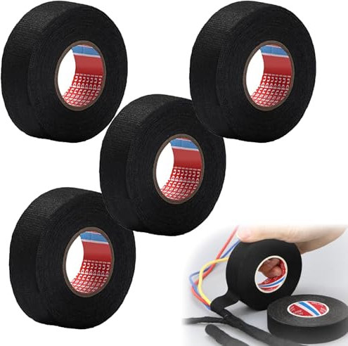 AONAYO 4 Stück Kfz Gewebeband,Isolierband,Gewebeband Schwarz,Gewebeklebeband,Kabelbaum Klebeband,Textilklebeband,Stoffklebeband,Klebeband Stoff Für Kabelbäume,Haushalt Kfz Motorrad(19 Mm X 12m)