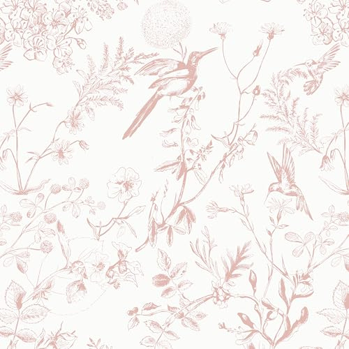 Timeet Selbstklebende Tapete Rosa 44CMx20M Möbelfolie Selbstklebend Vintage Vögel Blumentapete Vinyl Klebetapete für Wohnzimmer Schlafzimmer Küche Wand Möbel