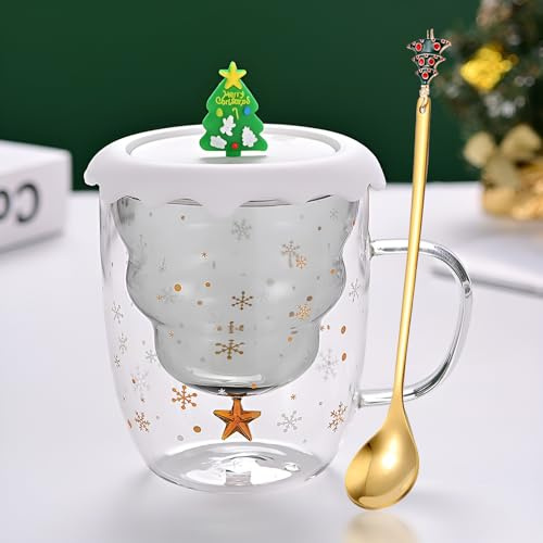 Syfunlv Grinch Weihnachtstasse Geschenk, Doppelwandige Glastasse mit Deckel und Löffel, Weihnachtsbaum Kaffeetasse Espressotasse Teeglas Milchtasse für Weihnachten Festtag Stil 15