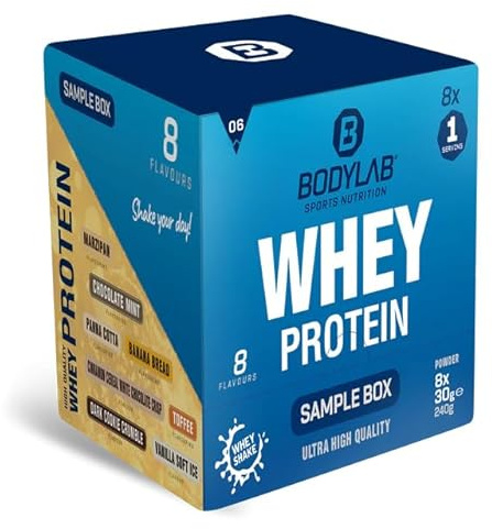 Bodylab24 Whey Protein Probierbox 6, 8 x 30 g | Bis zu 24 g Protein pro Portion, hochwertiges Molkenprotein, perfekt löslich, ideal für Protein Shakes rund ums Training