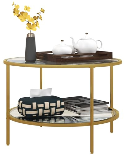 HOMCOM 2-Tier Round Coffee Table, Tempered Glass Coffee Table with Storage and Steel Frame for Living Room, Gold Tone
