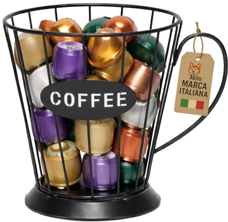 AKITAInk Portacapsule in Metallo a Forma di Tazza, Organizer Capsule Caffè con Manico, Contenitore da Banco Salvaspazio, Nero Ø12x14,5 cm