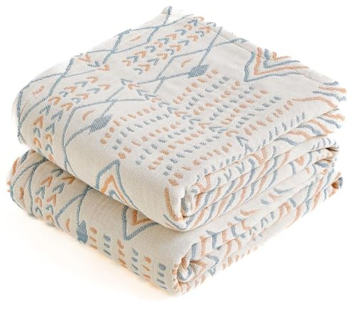 HOORDRY Musselin Decke aus 100% Baumwolle 230x250CM | Boho Doppelseitige Tagesdecke,4-lagige Baumwollgaze,Dekorative Atmungsaktiv Bettüberwurf,Sofadecke mit Geometrischem Muster