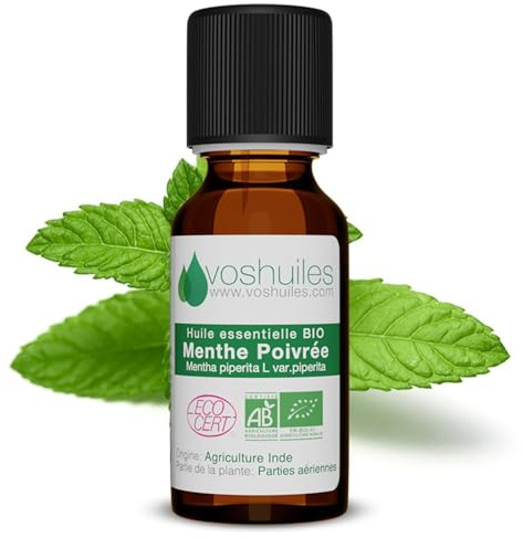 VOSHUILES - Huile Essentielle BIO de Menthe Poivrée - 60ml - Distillation à la Vapeur - Agriculture Biologique - Flacon Verre Ambré avec Bouchon Sécurité