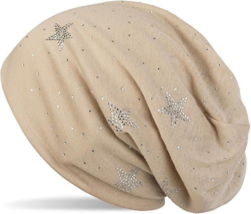 styleBREAKER Beanie Mütze mit Strass Sterne und All Over Strasssteine, Slouch Longbeanie, Damen 04024116, Farbe:Beige