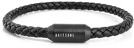 Akitsune Silva Lederarmband Magnetischen Verschluss | 5mm | Armschmuck Damen Herren Edelstahl Schlichtes Armband - Mattschwarz 19,5cm