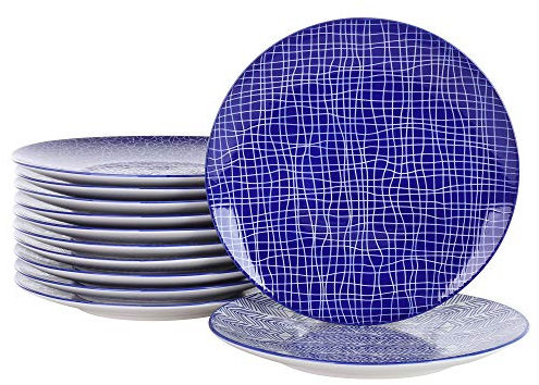 vancasso, Takaki Porzellan Speiseteller, 12 teilig Set Rund Flachteller Set, Durchmesser 27 cm, Blau