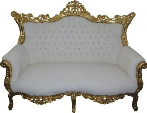 Casa Padrino Barock 2-er Sofa Master Weiß Lederoptik/Gold mit Bling Bling Glitzersteinen - Antik Stil Möbel - Limied Edition