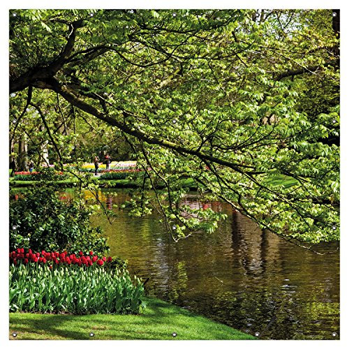 Wallario XXL Outdoor-Poster für Garten oder Balkon Bunte Blumen im Park am Wasser - Frühblüher am Ufer, Motivbanner Größe: ca. 180 x 180cm, 2-teilig, Outdoor-Bild