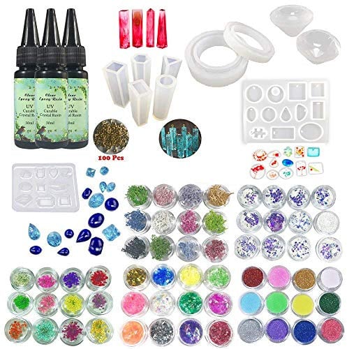 UV Epoxy Harz Schmuck Kit Cristal ungiftig, 3 Epoxy + 11 Formen 31 Formen + 100 Ringe + 12 getrocknete Blumen + 12 Korallenblüten + 12 Glassines + 12 Holographic Paper + 12 Glitters Pigmentpulver
