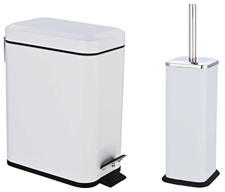 SET OF 5L PEDAL BIN & BRUSH WITH HOLDER WHITE SLIM RECTANGULAR REMOVABLE BUCKET WHITE