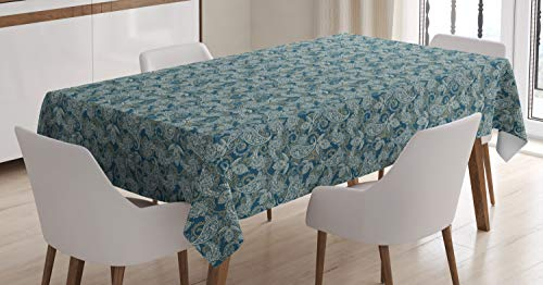ABAKUHAUS Paisley Tischdecke, Curved Tip Motiv, Personalisierter Druck Klare Farben ohne Verblassen Waschbar für Außen Bereich, 140 x 200 cm, Dunkelblau Beige