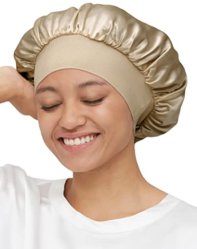 Mommesilk Seide Schlafmütze Damen mit Langen Haaren Weiche Nachtmütze mit breitem Gummiband für Schlafen/Krebs/Chemo/Haar-Verlust Seidenhaube Verpackung MEHRWEG (Einzelgröße, Kaffee)