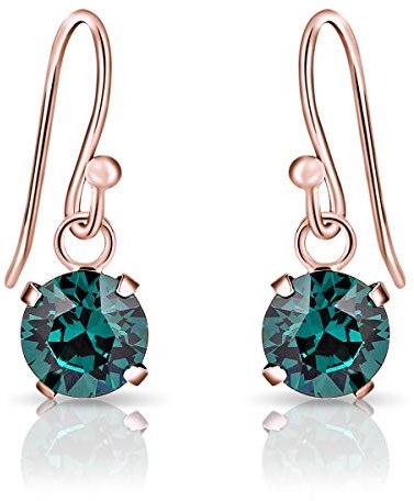 DTPsilver® Pendientes de Colores - Pendientes Pequeños Plata de Ley 925 Chapados Oro Rosa con Cristal Swarovski® 6 mm - Pendientes Colgantes Oro Rosa - Pendientes Esmeralda