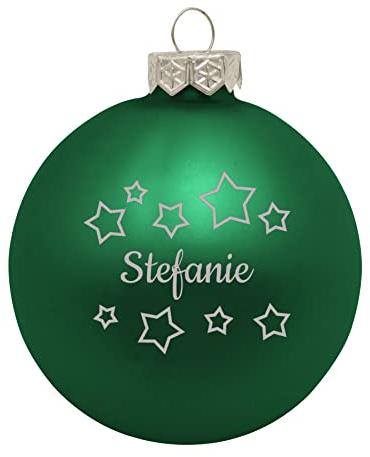 Deitert Weihnachtskugel mit Namen oder Wunschtext graviert, Ø 8cm, personalisierte Christbaumkugel aus Glas (matt), individueller Weihnachtsbaumschmuck mit Gravur, Sternen-Motiv, Grün