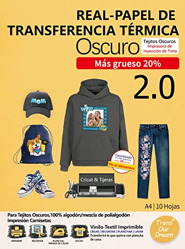 TransOurDream Real-Papel de Transferencia Térmica Para Camisetas, Sudaderas o Tejidos Oscuros 2.0 A4 10 Hojas Fácil de Usar, Papel Transfer Compatible con Impresoras de Inyección de Tinta, ES-02-10
