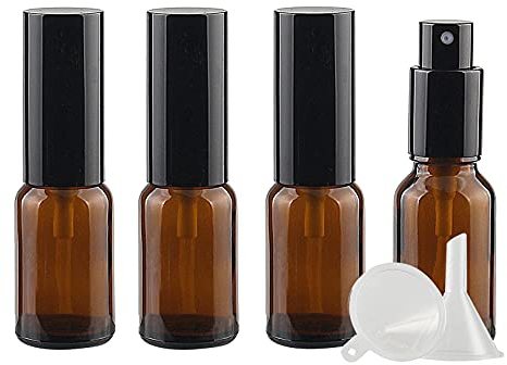 ZEOABSY 4 Piezas 15ml Frasco de Vidrio Marrón con Pulverizador Negro Botella de Cristal con Bomba en Spray Vacía Reutilizable Ideal para Perfume o Composición con Aceites Esenciales Embudo