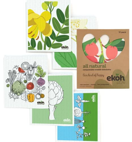 EKOH Paños de cocina suecos para cocina | paños de esponja impresos de algodón de celulosa | a granel 12 pk. EcoFriendly Reutilizable sin olor | cero residuos compostables | Eco Gifts | Multiusos