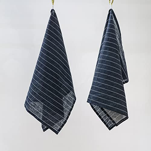 Linendo Geschirrtücher 2 Stück, 50 cm x 75 cm, 45% Baumwolle & 55% Leinen, Steingewaschen Küchentuch (Marineblau Gestreift)