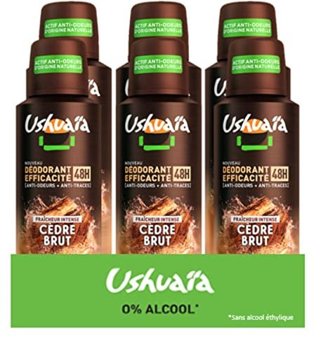 Ushuaïa Atomiseur Homme Cèdre Brut - Lot de 6 | Actif anti-odeur origine naturelle, Parfum boisé notes orientales, Vegan testé dermatologiquement, Flacon recyclable