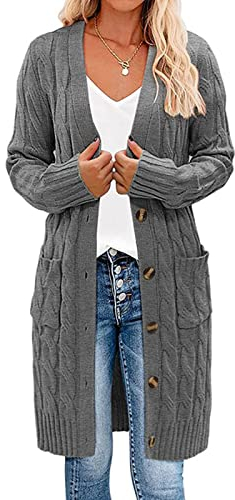 Earnmore Womens Long Sleeve Cable Knit Long Cardigan Open Front Button Sweater Outerwear, Dark Grey,