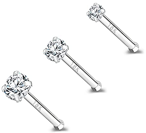 ZS 18 Karat Echtgold 20G Nasenringe für Frauen Männer, 1.5mm 2mm 3mm CZ Simulierter Diamant, 7mm Nasenstecker Nase Piercing Körperschmuck (Weiß,Gerade)